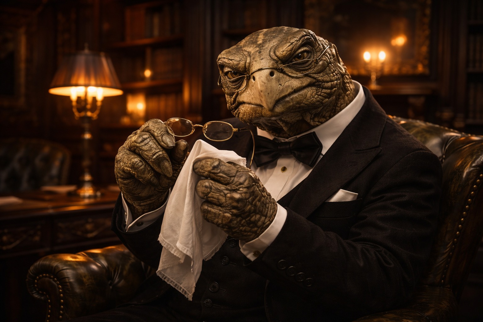 Barnaby J. Morgan em smoking, limpando os óculos em sua biblioteca